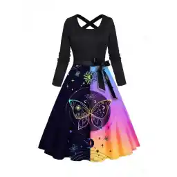 Contrast Colorblock Dress Butterfly Sun Pattern Bowknot Belted Crisscross High Waisted A Line Midi Dress