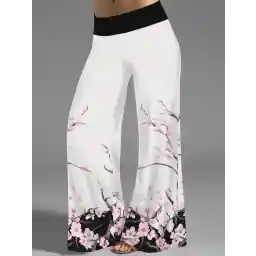 Flower Print Wide Leg Pants Elastic Waist Casual Long Pants