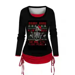 Colorblock Cinched Faux Twinset T-shirt Christmas Tree Skeleton Slogan Pattern Long Sleeve Twofer Tee