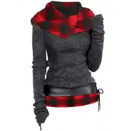 Plaid Print Hooded Knit Top Long Sleeve Surplice Hood Knitted Top With Lace-up Belt