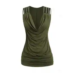 Solid Color Rivet Design Hollow Out Shoulder Top Cowl Neck Ruched Hem Summer Top