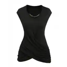 Solid Color V Notch Chain Decor Crossover Cap Sleeve T Shirt