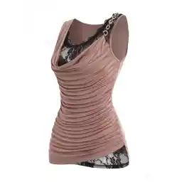 Sheer Lace Patchwork Cowl Neck Chain Decor Shoulder Faux Twinset Top Sleeveless Ruched Summer Blouse