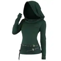 Long Sleeve Solid Color Hooded Top Ruched Curved Hem Casual Top With Double Belts