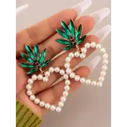 Rhinstone Leaf Faux Pearl Heart Valentine Drop Earrings