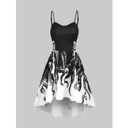Summer Cute High Low Lace Up Octopus Print Mini Dress