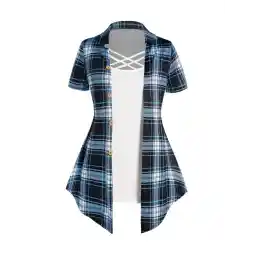 Casual Faux Twinset T Shirt Crisscross Plaid Print Mock Button Turn Down Collar Summer Tee