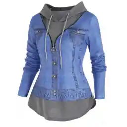 Plus Size & Curve Hoodie Faux Denim 3D Print Faux Twinset Hoodie Drawstring Half Zipper Curve Hem Hoodie