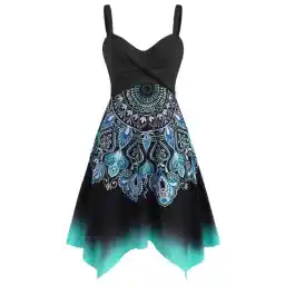 Summer Bohemian Twisted Floral Baroque Print Handkerchief Midi Dress