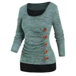 Space Dye Faux Twinset T Shirt Contrast Colorblock Mock Button Long Sleeve Casual Tee