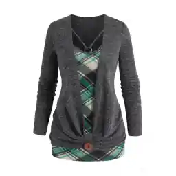 Plaid Faux Twinset Knit Top O Ring Mock Button Heathered Knitted 2 In 1 Top