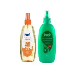 اسپری روغن بدن بچه فیروز مدل ویتامینه حجم 200 میلی لیتر و اسپری نرم کننده و باز کننده مو کودک فیروز مدل HDS حجم 300 میلی لیتر