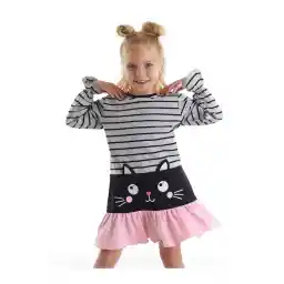 Denokids Girl's Gray Winter Dress - Black Cat Striped