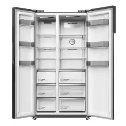 هيتاشي، ثلاجة جانبية ببابين، سعة إجمالية 680 لتر، سعة صافية 525 لتر، طراز HRSN9552DDXAE، لون إنوكس داكن، ضمان 10 سنوات على الضاغط العاكس.