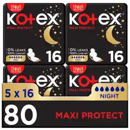 Kotex Maxi Protect Thick Pads, Overnight Protection Sanitary Pads with Wings, 80 Sanitary Pads