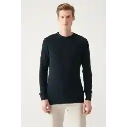 Avva Men's Navy Blue Crew Neck Jacquard Knitwear Sweater A22Y5178