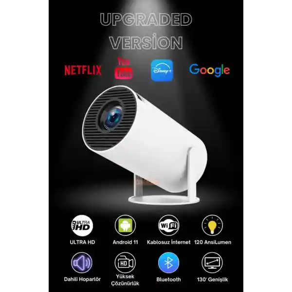 Omaze Taşınabilir Android Sinema Projeksiyon Wifi Destekli En Güncel Sürüm Akıllı Projektör Beyaz 720p