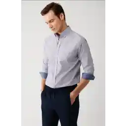 Avva Men's Blue 100% Cotton Easy Ironing Pattern Stripe Detailed Cotton Shirt A32Y2172