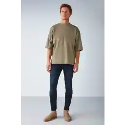 GRIMELANGE Ascolı Men's Oversize Fit Special Thick Textured Fabric High Collar Khaki T-shirt