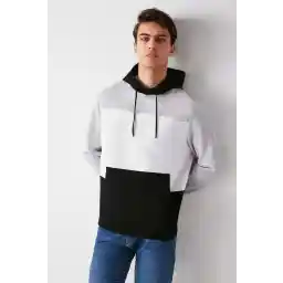 GRIMELANGE Clyde Men's Blocked Hooded Black Sweatshirt with Drawstring and Fleece Inside