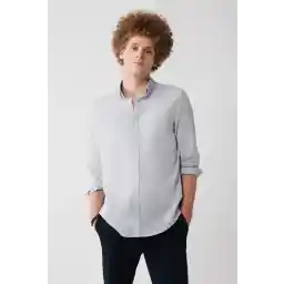 Avva قميص رجالي من الكتان القطني الأزرق بياقة بأزرار سفلية A31y2082