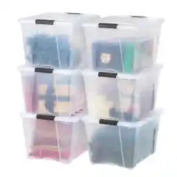 IRIS USA 54 Qt Stackable Plastic Storage Bins with Lids, 6 Pack - BPA-Free, Made in USA - See-Through Organizing Solution, Latches, Durable Nestable Containers, Secure Pull Handle - Clear