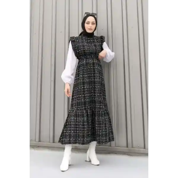 lamelif Sıfır Kol Detaylı Elbise Siyah