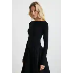 GRIMELANGE Pani Kadın Maxi Boy Etek Kısmı Dokuma Poplin Kloş Üst Kısmı Esnek Viskon Elastan Şık Siyah Elbise