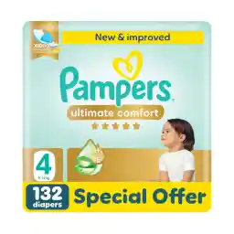 Pampers Ultimate Comfort Taped Diapers, Size 4, 9-14kg, Lotion infused with Aloe Vera and Vitamin E, x1000 Leak Locks Technology for Leakage Protection, Giant Pack, 132 Count