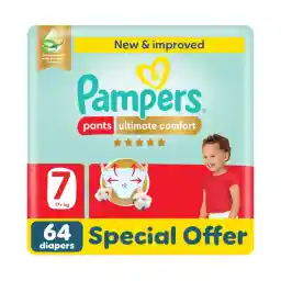 Pampers Ultimate Comfort Pants Diapers, Size 7, 20+kg, Lotion infused with Aloe Vera and Vitamin E, Cottony Soft Fit for up to 100% Leakage Protection, Super Saving Pack, 64 Count