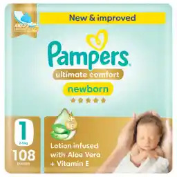 Pampers Ultimate Comfort Taped Diapers, Size 1, 2-5kg, Lotion infused with Aloe Vera and Vitamin E, x1000 Leak Locks Technology for Leakage Protection, Giant Pack, 108 Count