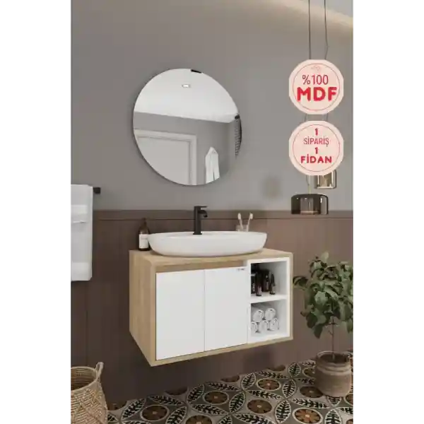BALNEOM Gül Beyaz 70 Cm %100 Mdf Lavabolu Banyo Dolabı Ayna Lavabo