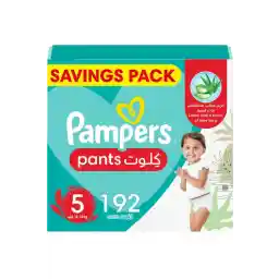 Pampers حفاضات بيبي دراي مقاس 5، ألوفيرا، 12-18 كجم، 192 قطعة، ملائمة للدوران 360 درجة، مقاومة للتسرب، 4 عبوات كبيرة.