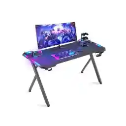 Dowinx 47 inch Gaming Desk with RGB LED Lights, Racing Style PC Computer Desk Home Office Computer Table Gamer Workstation with Carbon Fiber Surface, Cup Holder and Headset Hook, Black