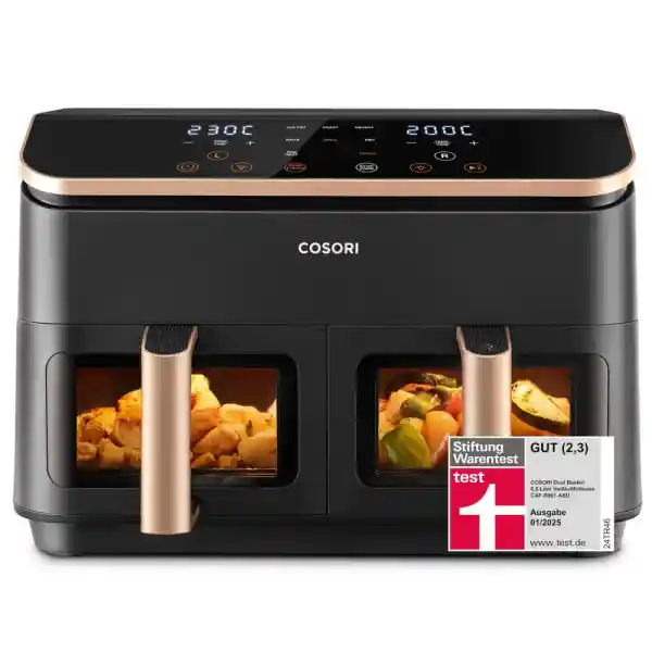 COSORI Hot Air Fryer, 2 Compartments, 6-in-1, Dual Zone, XXL, 8.5 L, Two Chambers, with Viewing Window, for Full Meals, 50 Recipes, Energy-Saving