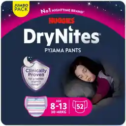 Huggies DryNites Pyjama Pants, 8-13 years, Bed Wetting Diaper, Girls, 30-48 kg, Jumbo Pack, 52 Pants