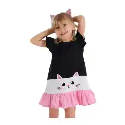 Denokids فستان صيفي أسود مكشكش على شكل قطة بيضاء للفتيات