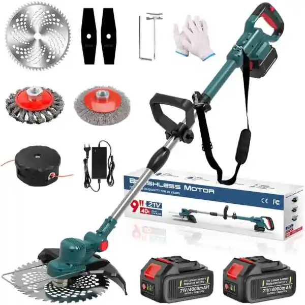 750W Akku Rasentrimmer mit 2× 4000mAh Akku 21V, Bürstenloser Motor Rasentrimmer mit Makita Akku, mit Unkrautbürste, Freischneider Akku & Ladegerät