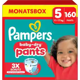 Pampers Nappies Pants Size 5 (12-17 kg) Baby-Dry, Junior with Stop and Protection Bags, Monthly Box, 160 Pants Nappies