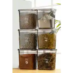 VIENEV طقم أوعية تخزين Peggy طويلة مستطيلة الشكل من 6 قطع مع ملصقات مطبوعة باللون الأبيض بسعة 2 لتر باللون الفحمي الشفاف