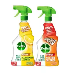 Dettol All Purpose Cleaner Spray Bottle, Lemon Scent + Dettol Kitchen Cleaner Spray Bottle, Orange Scent, 500 ml x 2