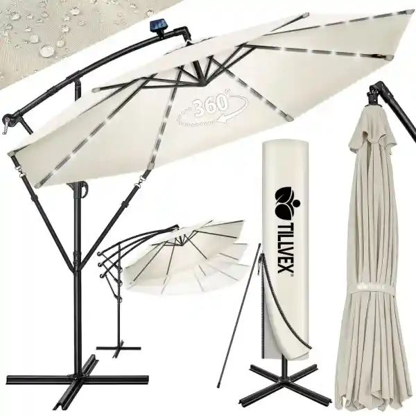 tillvex Zweefparasol Aluminium met LED Solar Ø 300 cm + Zwengel + Hoes + Windbescherming | Parasol met Standaard | Tuinparasol UV-bescherming | Waterdichte Draaiparasol Marktscherm