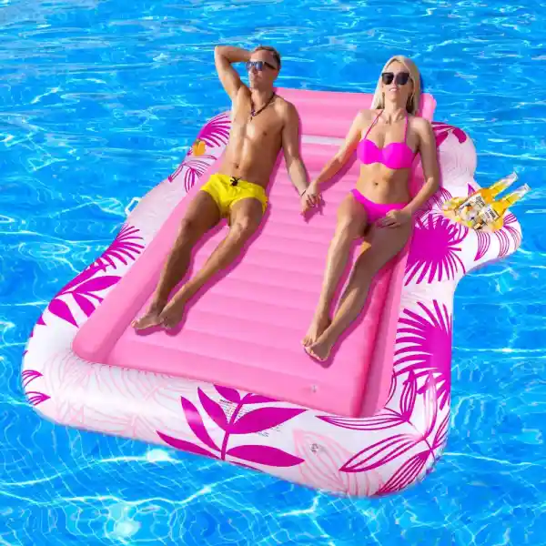 BuzzoXerex Opblaasbaar luchtmatras, zwembad, dubbel deluxe tanning zwembad, grote waterhangmat voor volwassenen, opblaasbaar zonnezwembad met hoofdsteun en bekerhouder voor zomer, zwembad, strand