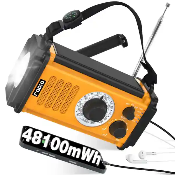 48100mWh/13000mAh Noodradio, Draagbare AM/FM Radio,5-Weg Aangedreven Zonne-Slinger Opwindradio,USB-Telefoonoplader,Zaklamp/Leeslamp, Koptelefoonaansluiting,SOS,Kompas voor Overleving op Orkaankamperen