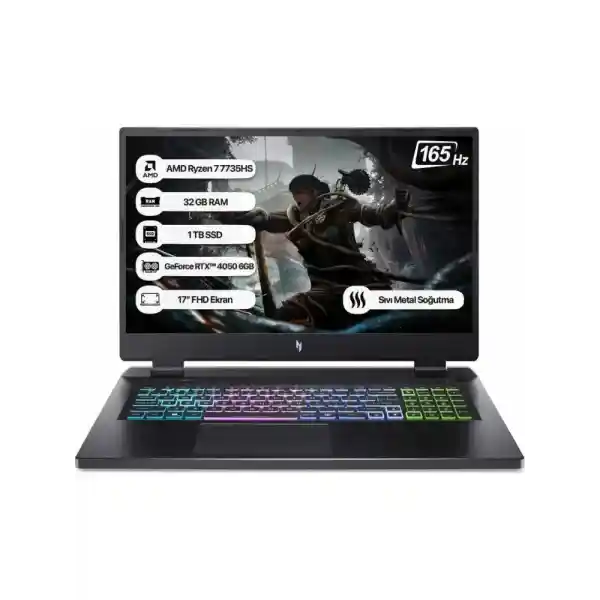 Acer Nitro 17 NH.QL1EY.003-32 Ryzen 7-7735HS 32GB 1TB SSD RTX4050-6GB 17.3FHD 165Hz Linux Taşınabilir Bilgisayar