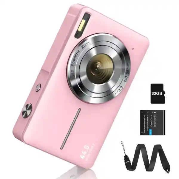 CAMKORY Digitale camera FHD 1080P 44MP met 32G-kaart, 16X Digitale Zoom (Roze)