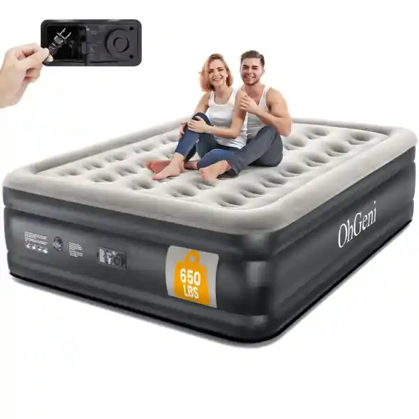 OhGeni Queen Air Mattress with Built in Pump, Inflatable Blow Up Mattress 18 Raised Comfort,Upgraded Surface Portable Mattress, Air Bed for Camping, Home and Guest, Colchone Inflable, 650 lbs Max