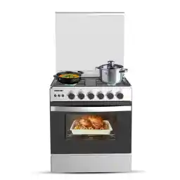 Nikai 60X60cm 4 Burner Full Safety Freestanding Gas Cooker, Auto Ignition, Double Glass Oven Door for Close Door Grilling with Turnspit, Glass Lid & Oven Lamp, St. Steel Finish - U6068FSE1 (Silver)