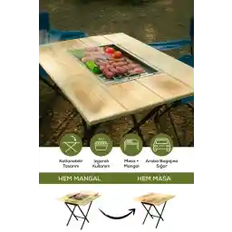 Vienev Katlanabilir Piknik Masası Ahşap Paslanmaz Mangal Izgarası | Çok Amaçlı Kamp Masası