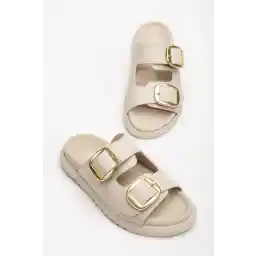 Tonny Black Kadın Bej Çift Bantlı Toka Detaylı Terlik